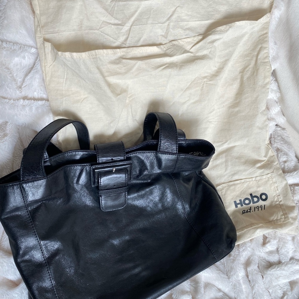 HOBO black soft leather double strap, stylish buckle flaps over top open